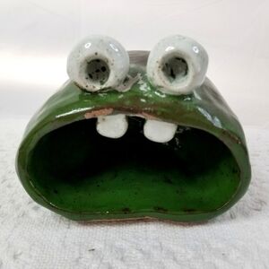 Vintage Decorative Art Pottery Glazed Green Open Mouth Frog Figurine , signed